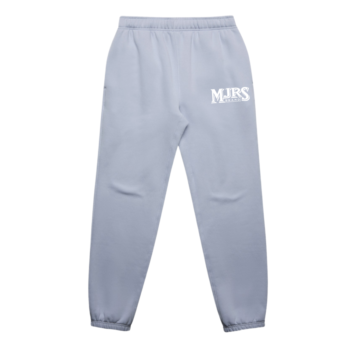 Light blue sweatpants with a logo on a white background