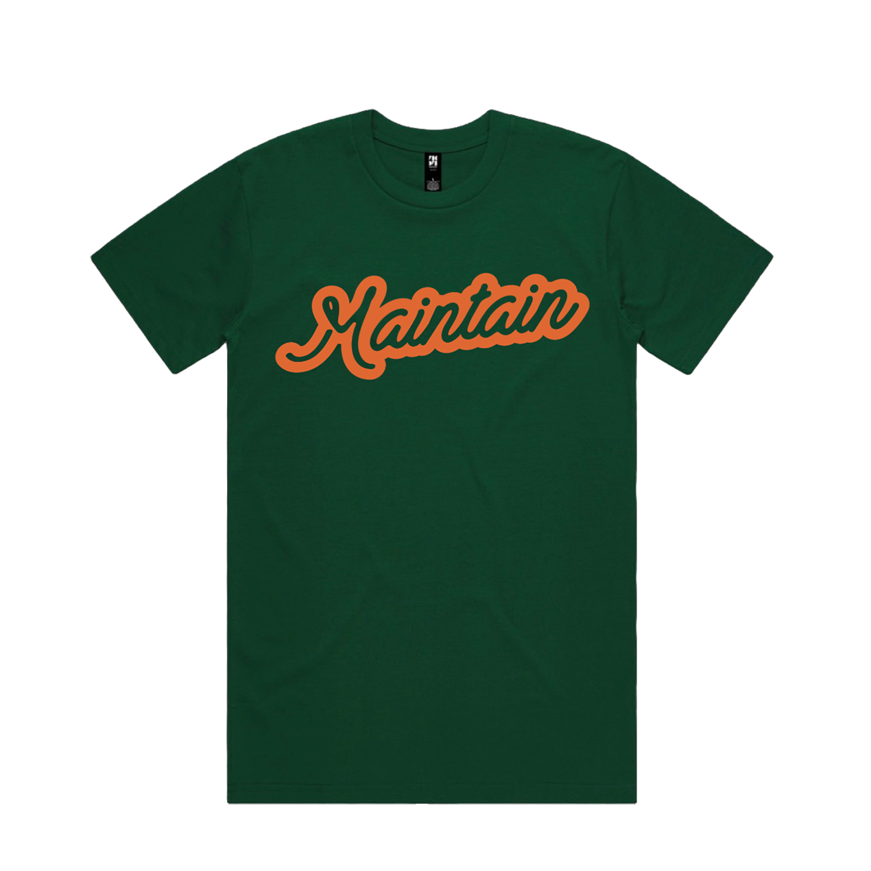 Green t-shirt with 'Maintain' printed in orange on a white background