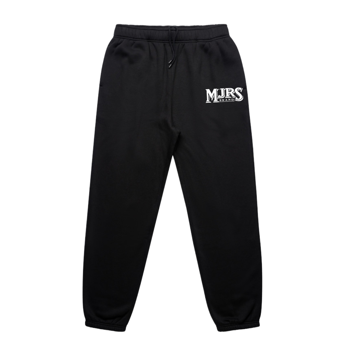 Black sweatpants with 'MJRS' logo on a white background