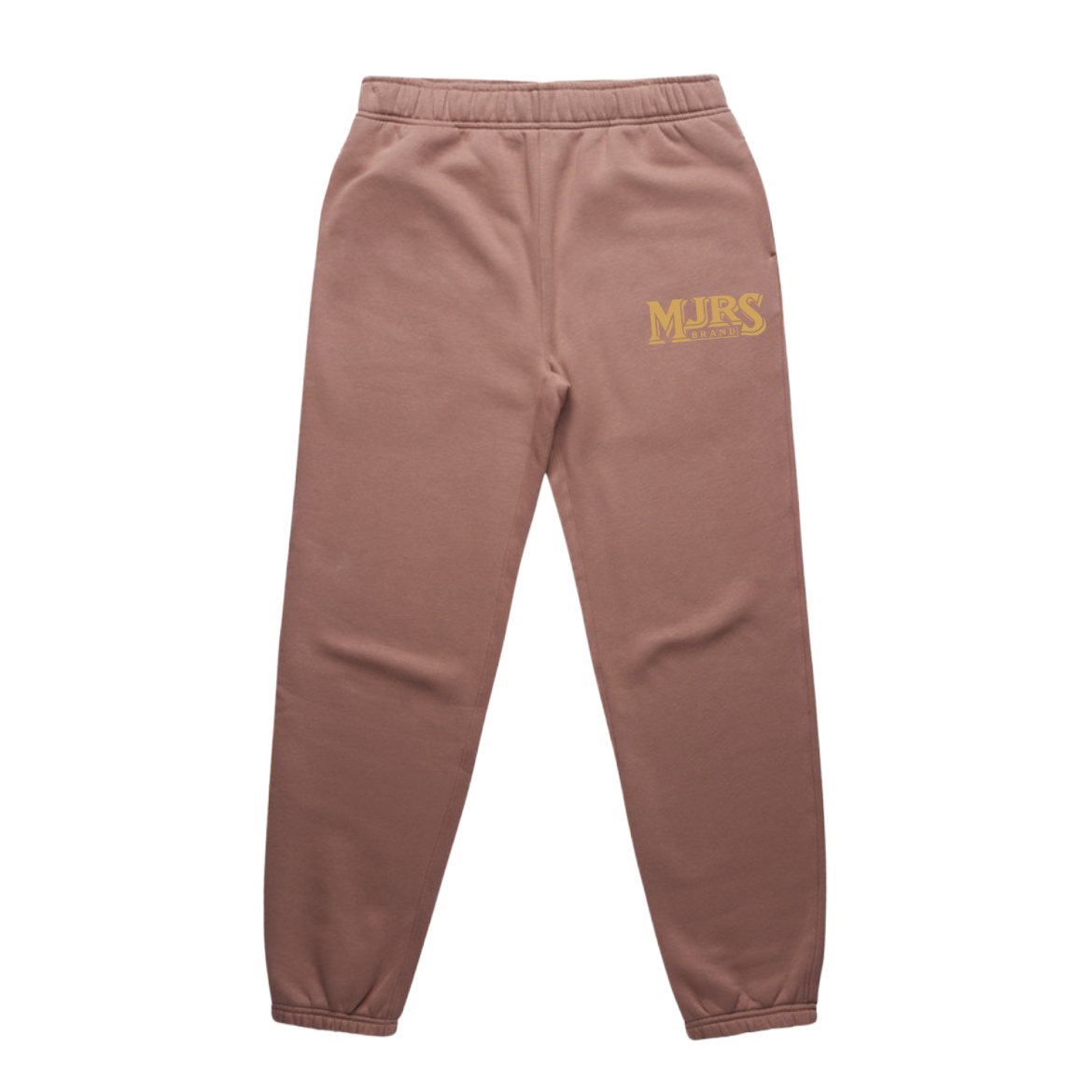 Brown sweatpants with branding on a white background